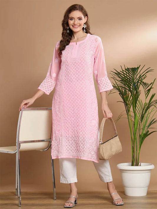 Baby Pink Chikankari Kurta for Women | Soft Georgette Long Kurti | Stylish Daily Wear