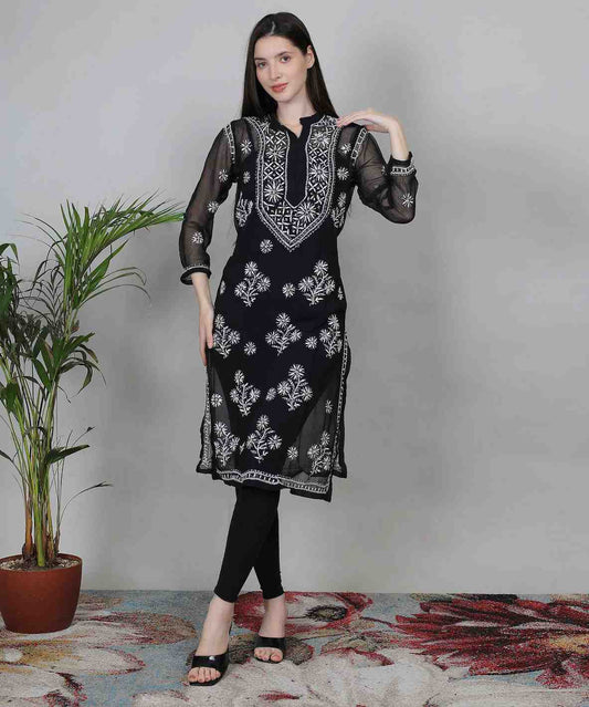 Black Hand-Embroidered Chikankari Kurti | Noor Chikankari