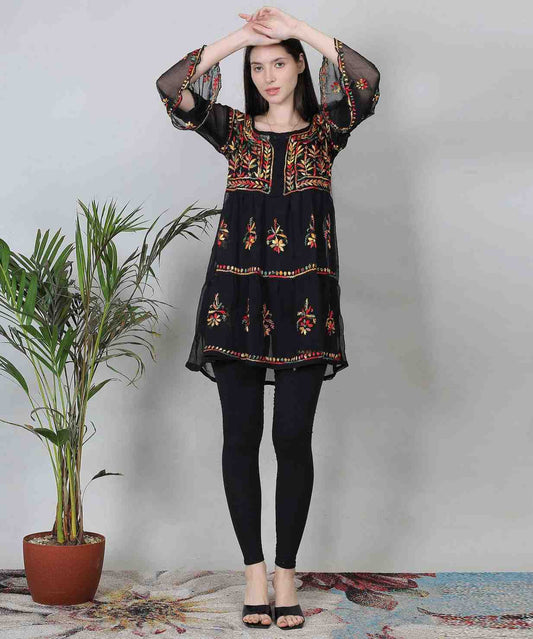 Black Georgette Short Kurti – Multicolor Hand-Embroidered Boho Style Tunic for Women