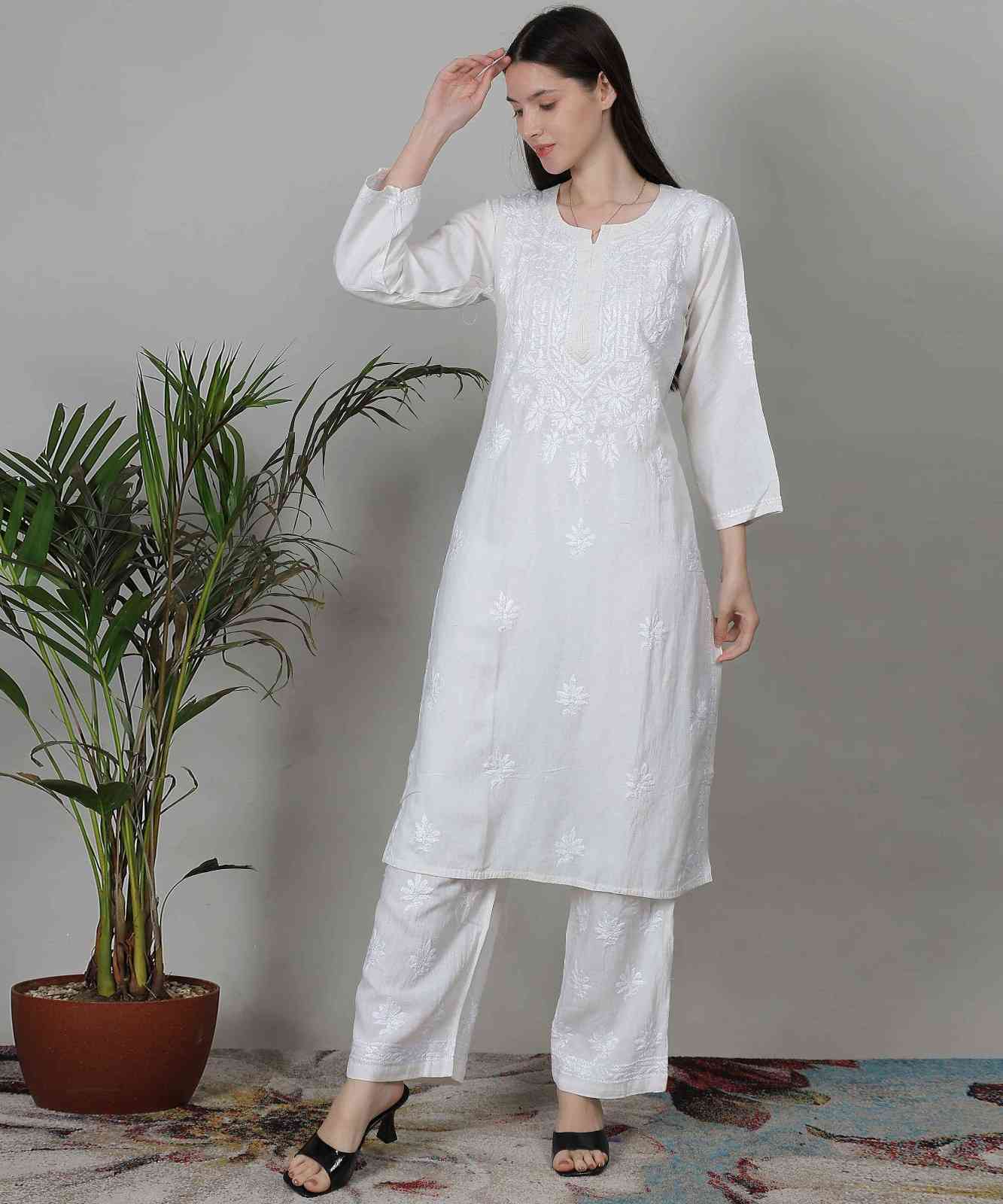 White Chikankari Kurti Set for Women – Pure Cotton Embroidered Suit with Dupatta