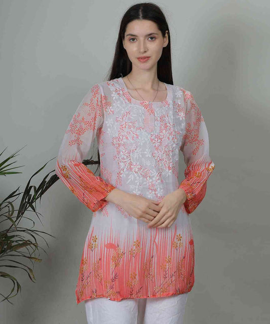 Peach & White Hand-Embroidered Chikankari Kurti | Noor Chikankari