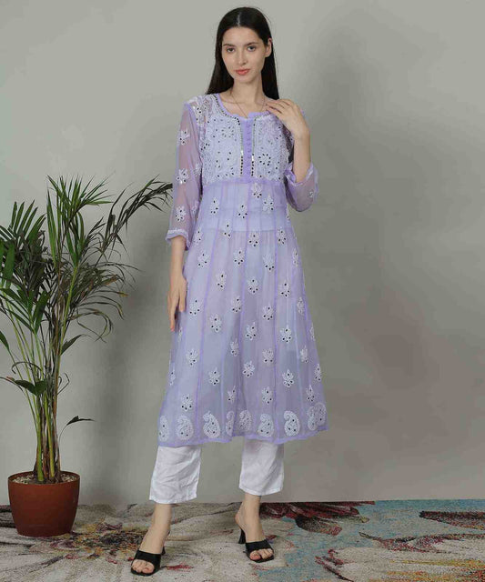 Georgette Kurta Set – Hand-Embroidered Anarkali Style Kurti with White Cotton Pants
