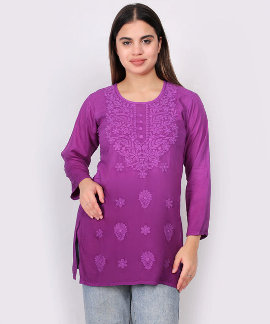 Purple Cotton Kurti for Women – Elegant Floral Embroidered Casual Wear Top