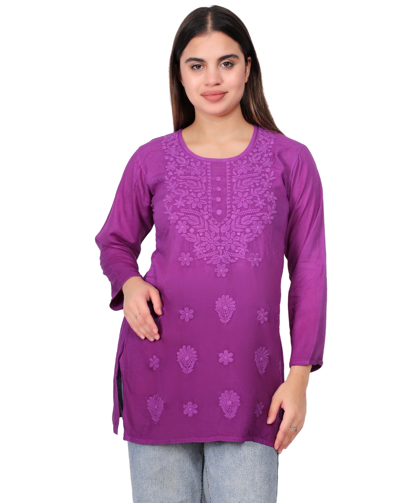 Purple Cotton Kurti for Women – Elegant Floral Embroidered Casual Wear Top
