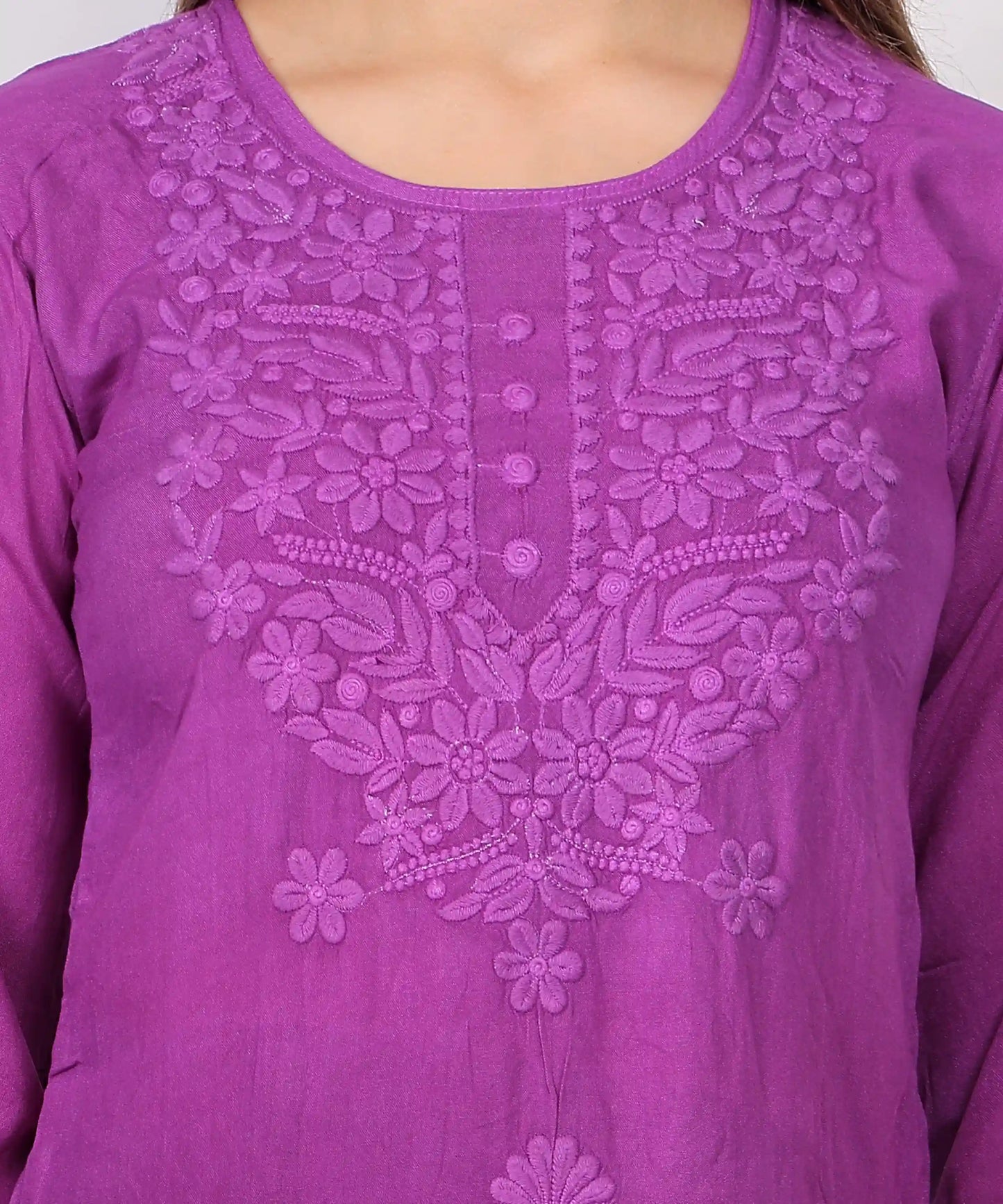 Purple Cotton Kurti for Women – Elegant Floral Embroidered Casual Wear Top