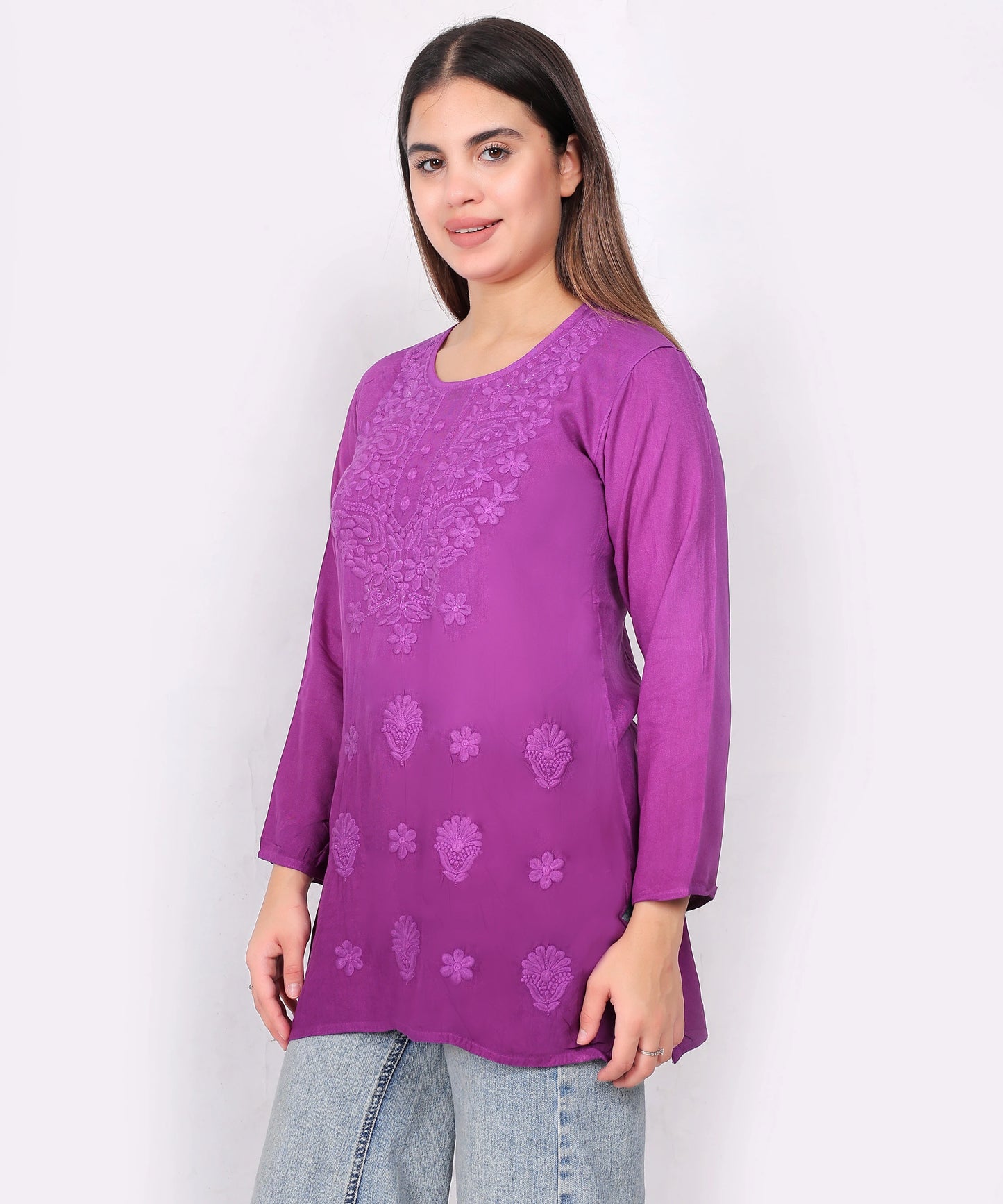 Purple Cotton Kurti for Women – Elegant Floral Embroidered Casual Wear Top