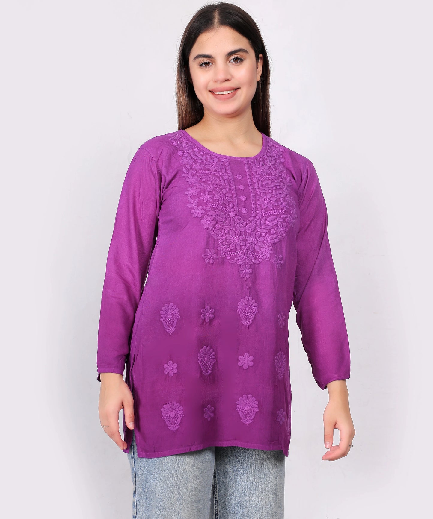 Purple Cotton Kurti for Women – Elegant Floral Embroidered Casual Wear Top