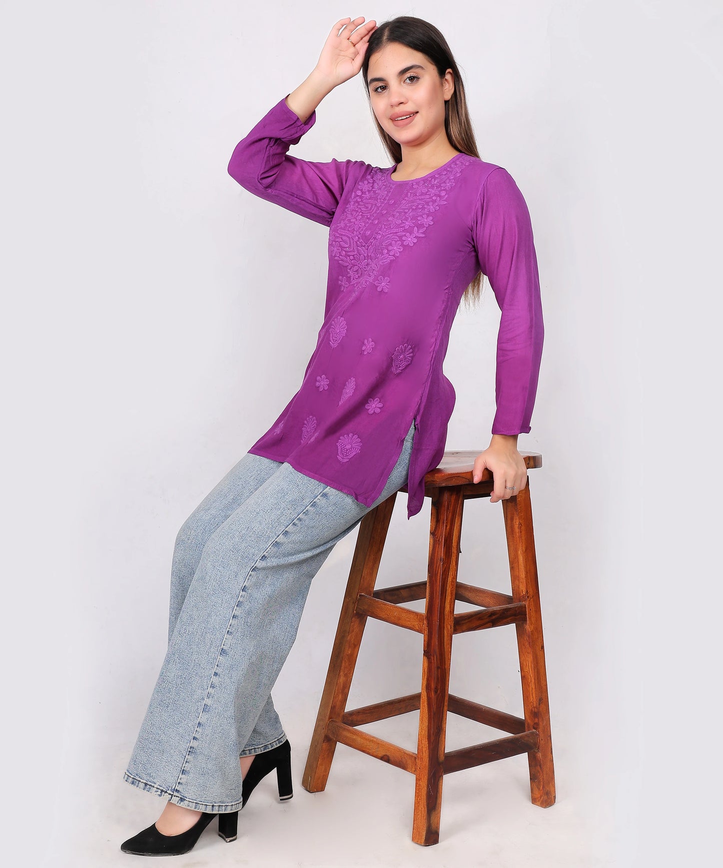Purple Cotton Kurti for Women – Elegant Floral Embroidered Casual Wear Top