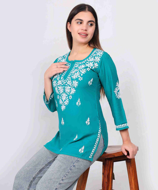 Teal Blue Cotton Kurti for Women Stylish White Floral Embroidered Casual Kurta