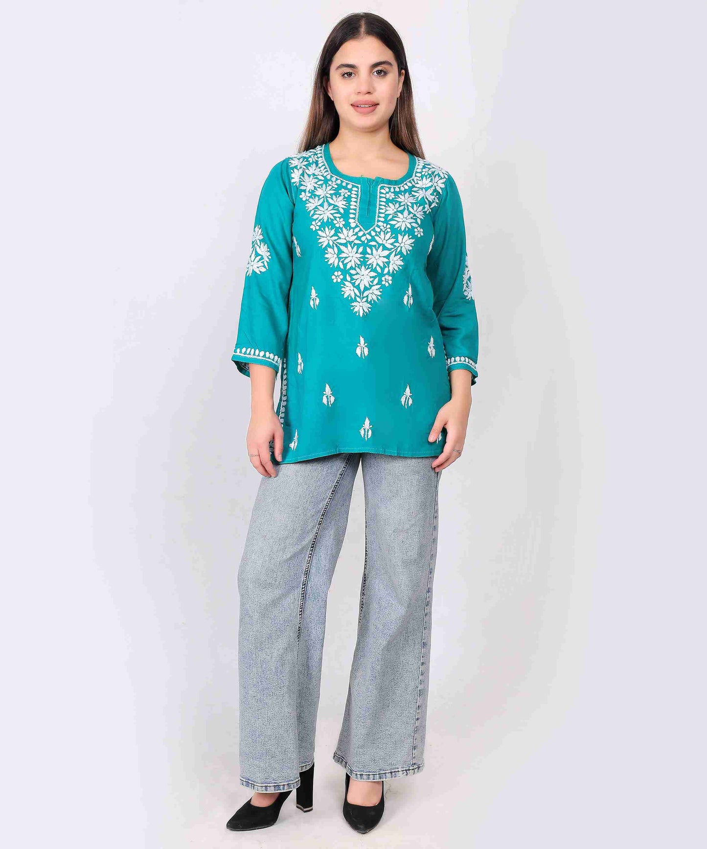 Teal Blue Cotton Kurti for Women Stylish White Floral Embroidered Casual Kurta