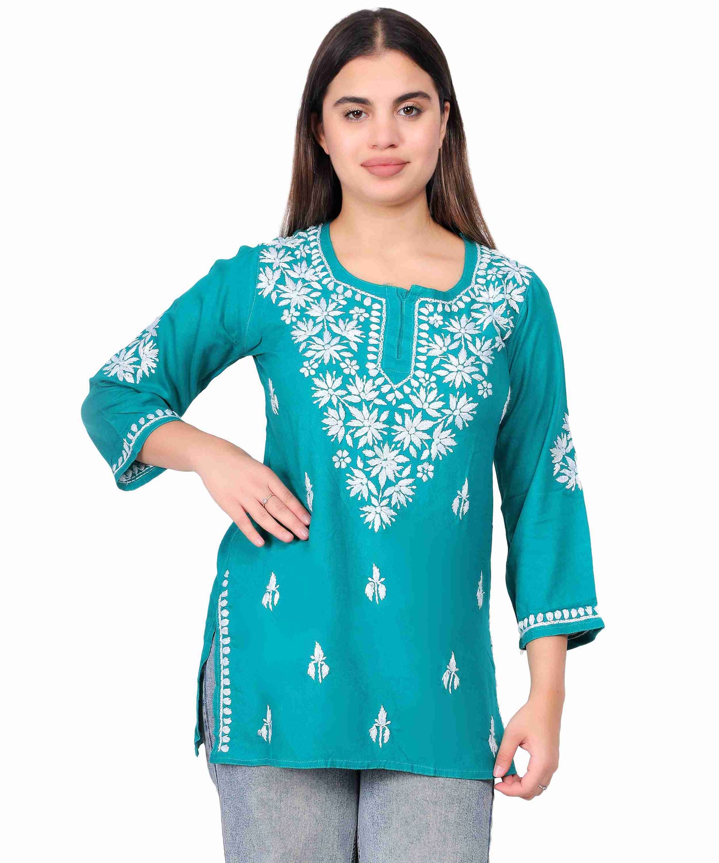 Teal Blue Cotton Kurti for Women Stylish White Floral Embroidered Casual Kurta