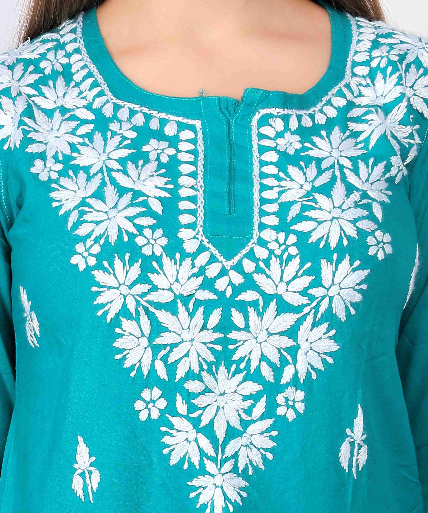 Teal Blue Cotton Kurti for Women Stylish White Floral Embroidered Casual Kurta