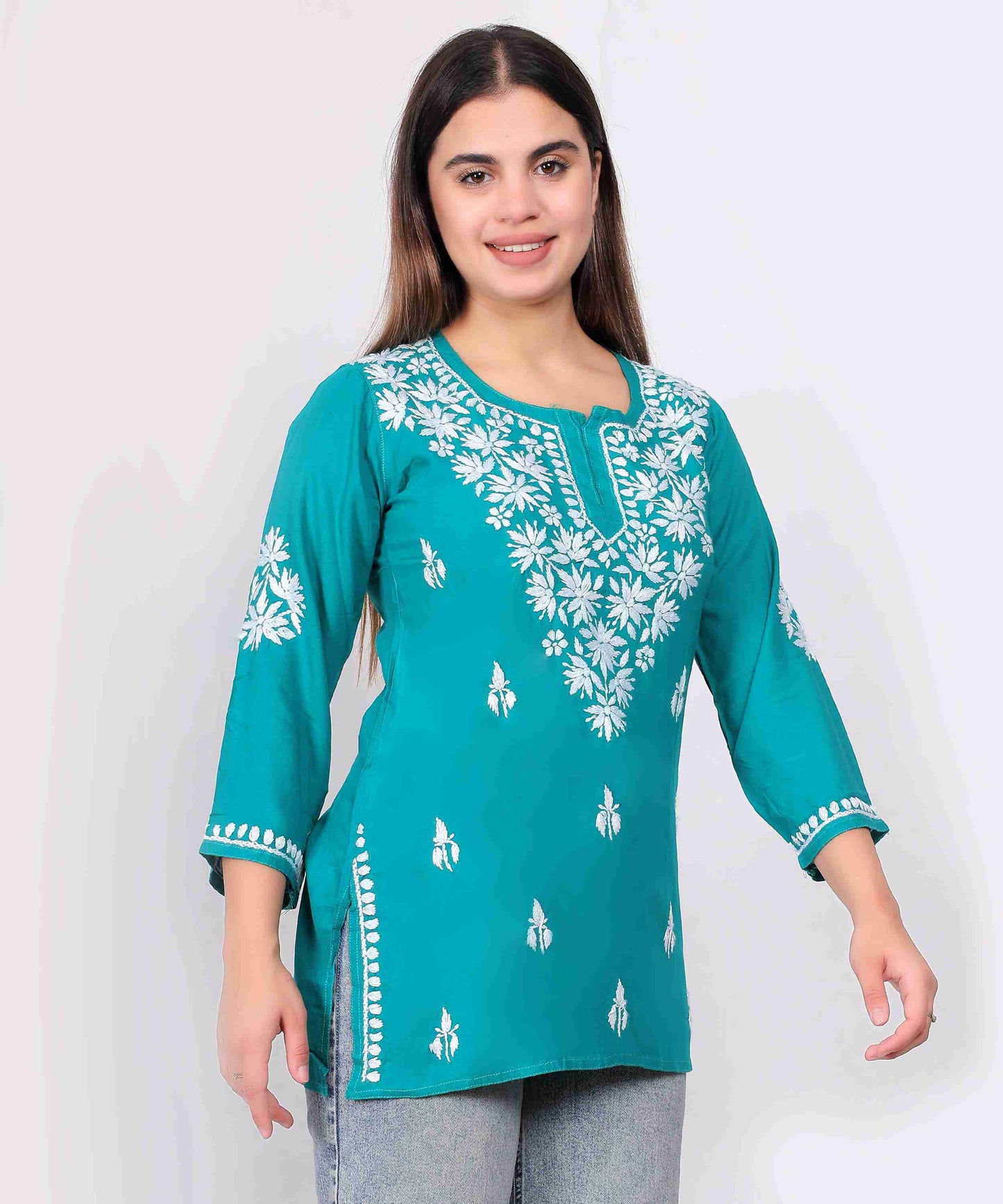 Teal Blue Cotton Kurti for Women Stylish White Floral Embroidered Casual Kurta