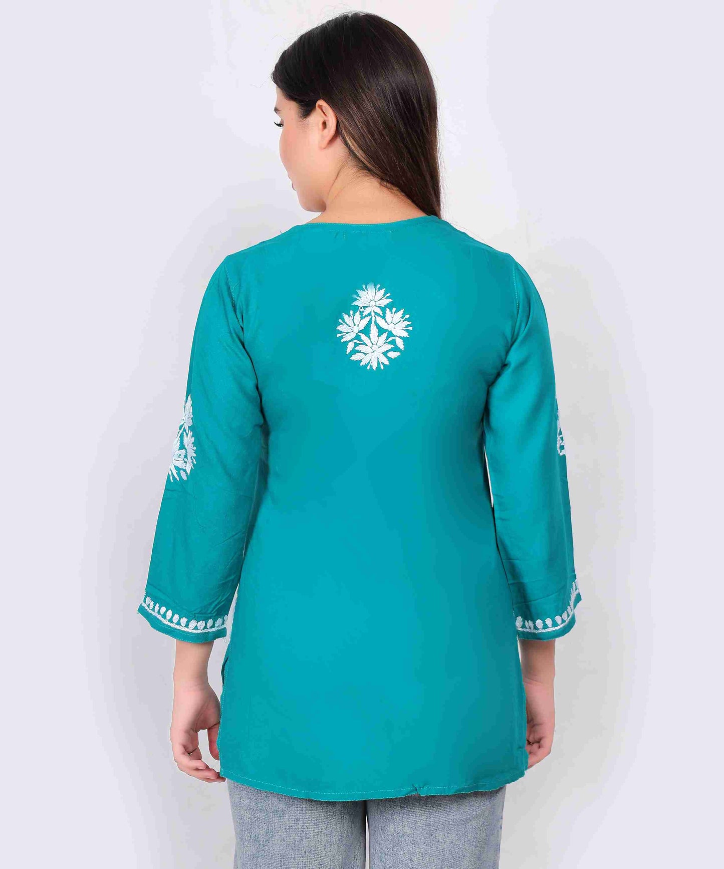 Teal Blue Cotton Kurti for Women Stylish White Floral Embroidered Casual Kurta