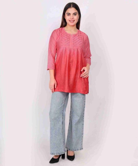 Women’s Chikankari Cotton Kurti in Tomato Red | Elegant Embroidered Tunic for Casual & Office Wear