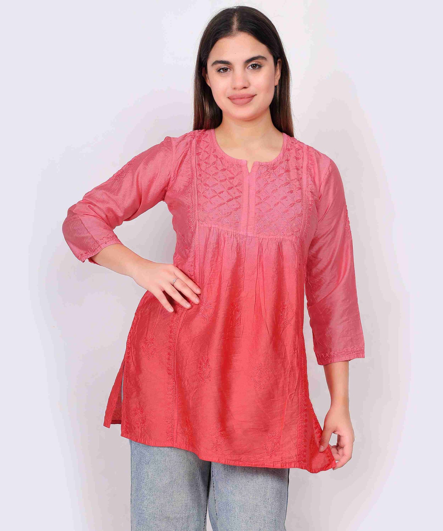 Women’s Chikankari Cotton Kurti in Tomato Red | Elegant Embroidered Tunic for Casual & Office Wear