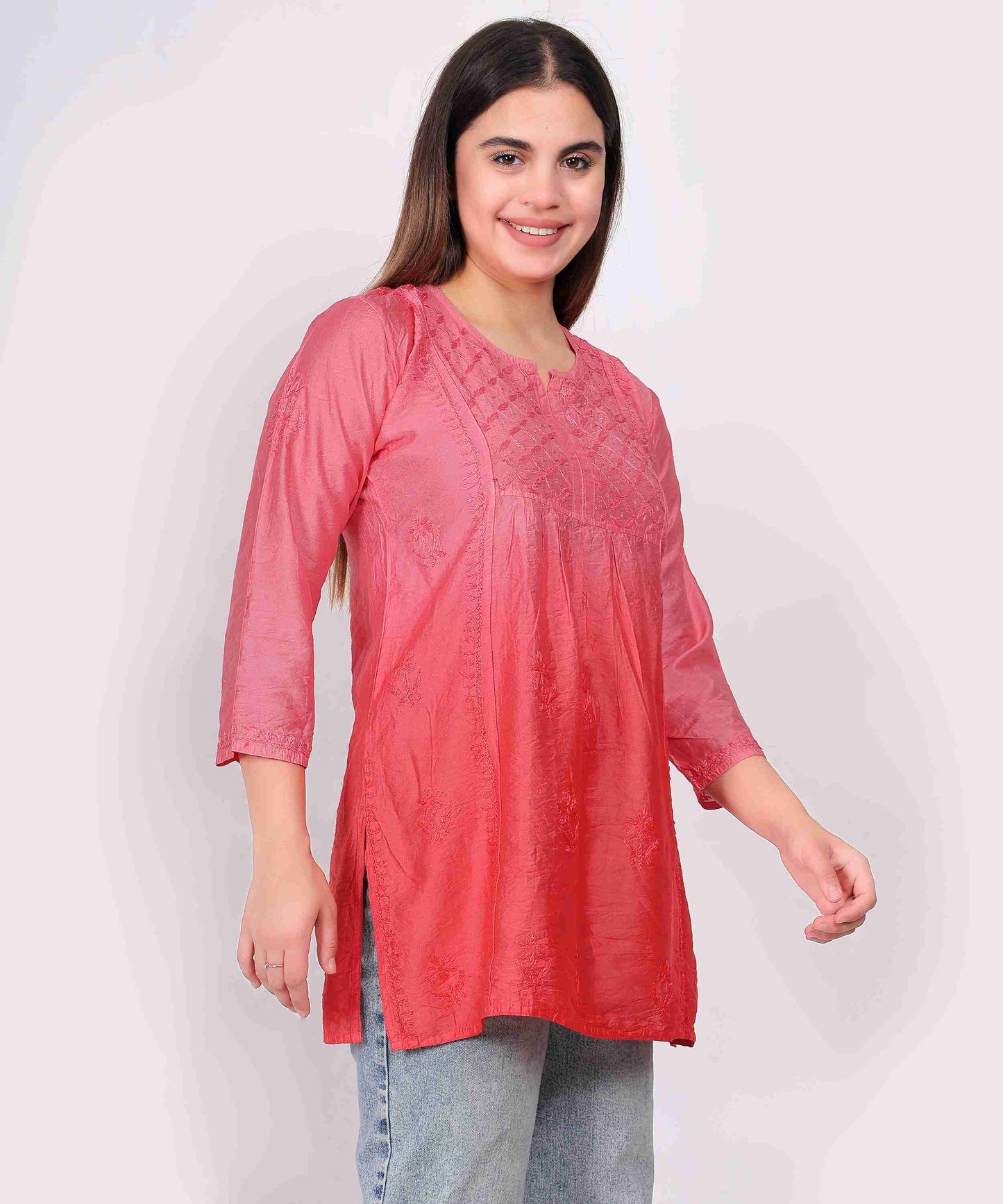 Women’s Chikankari Cotton Kurti in Tomato Red | Elegant Embroidered Tunic for Casual & Office Wear