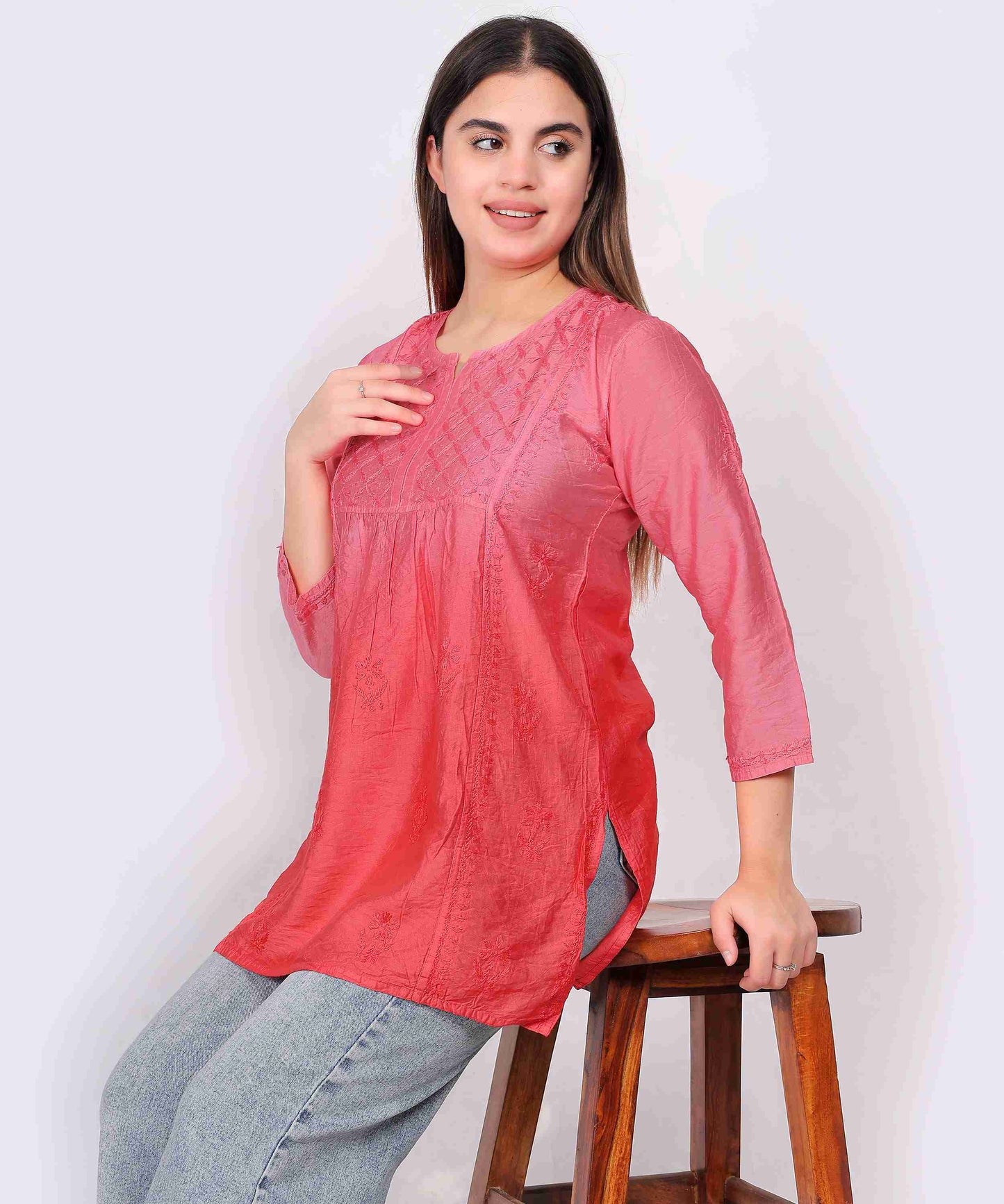 Women’s Chikankari Cotton Kurti in Tomato Red | Elegant Embroidered Tunic for Casual & Office Wear