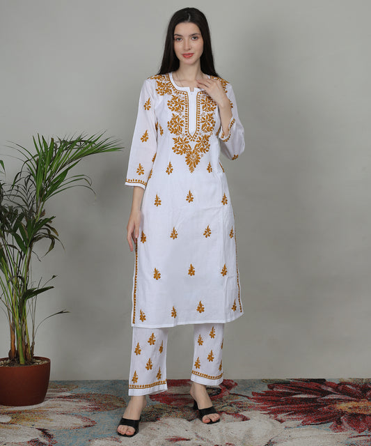 Womens Hand Embroidered Chikankari Mulmul Cotton Kurta and Palazzo 2618