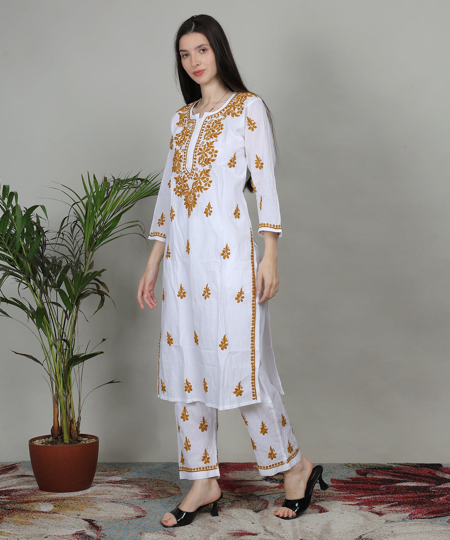 Womens Hand Embroidered Chikankari Mulmul Cotton Kurta and Palazzo 2618