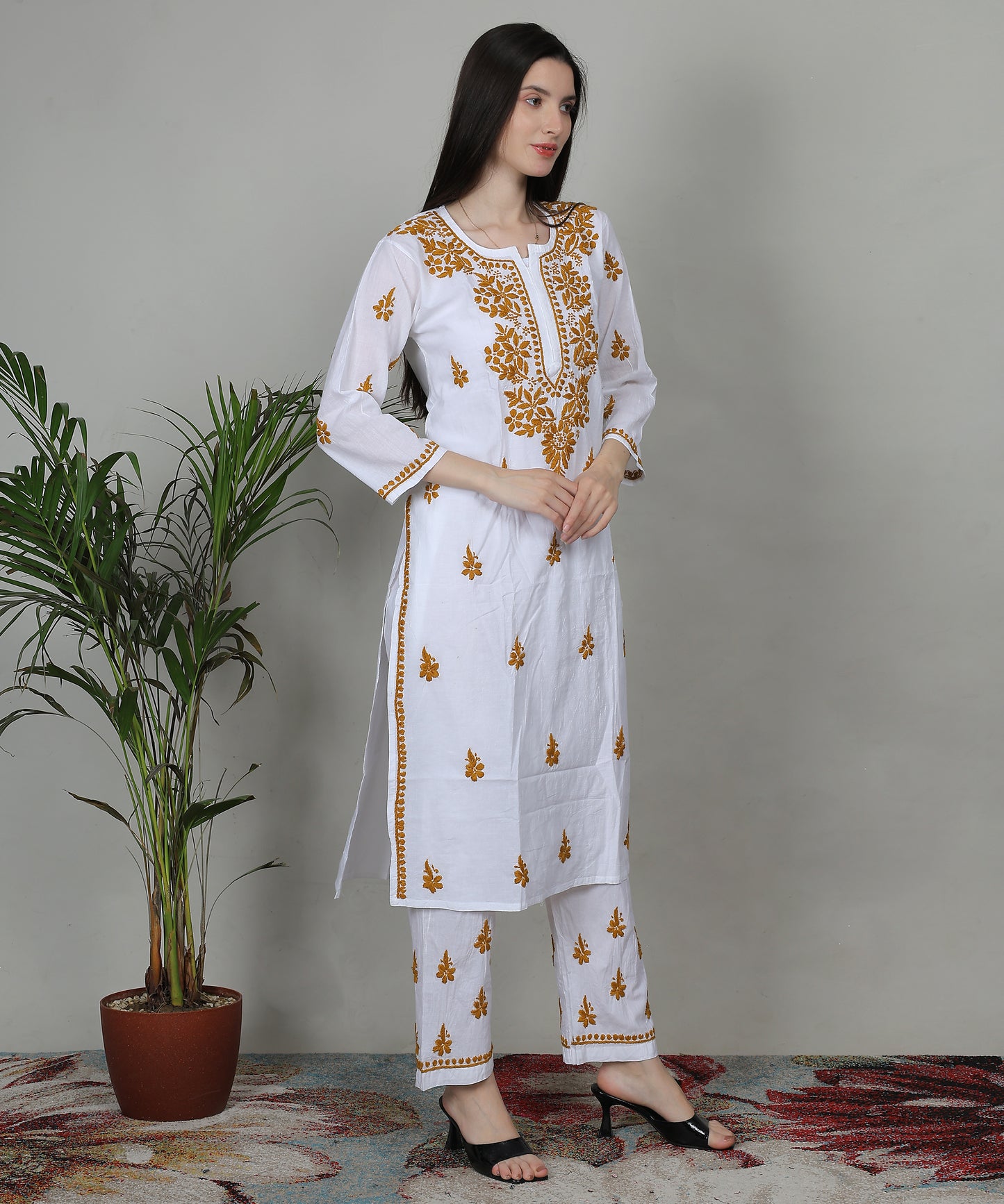 Womens Hand Embroidered Chikankari Mulmul Cotton Kurta and Palazzo 2618