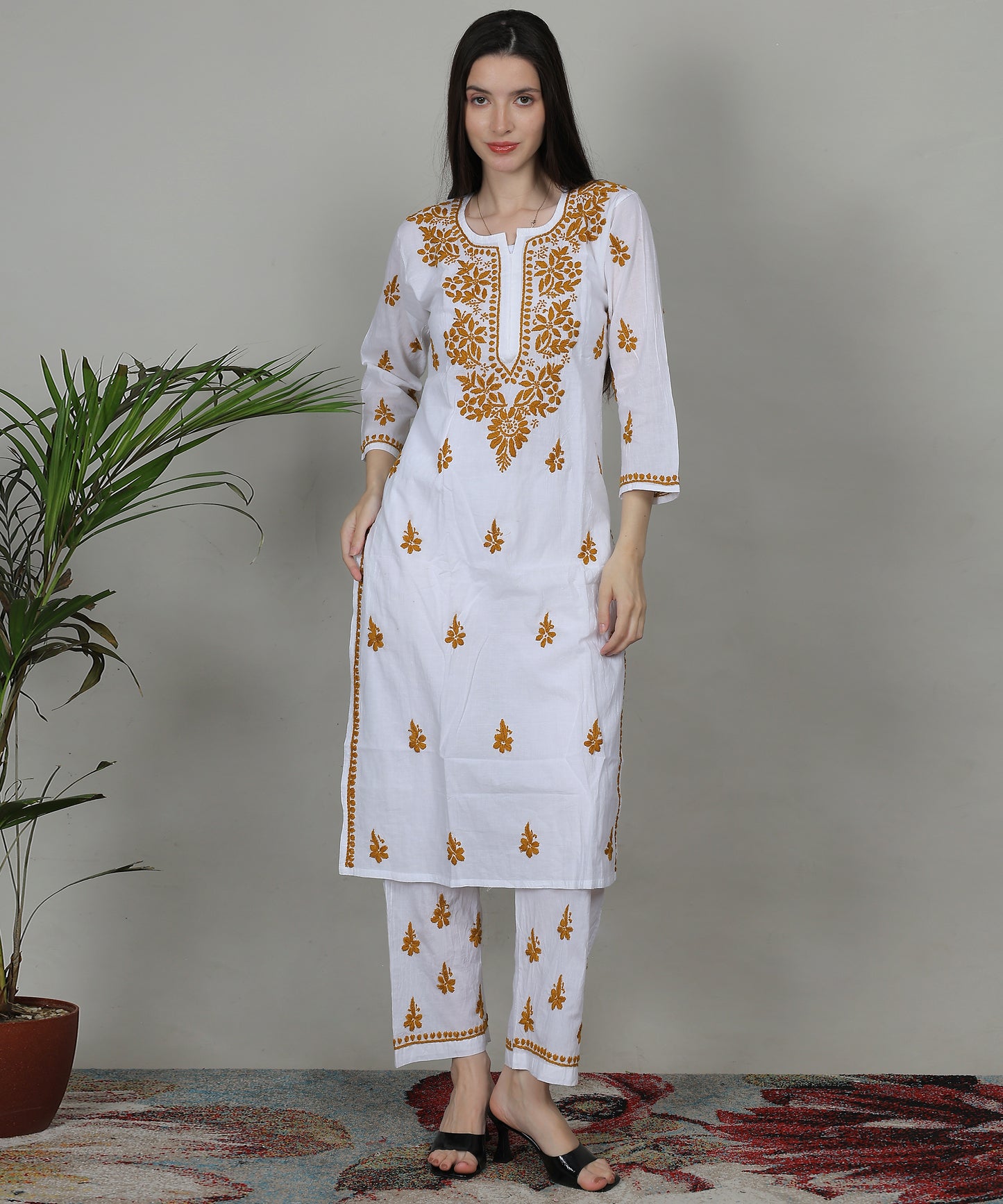 Womens Hand Embroidered Chikankari Mulmul Cotton Kurta and Palazzo 2618