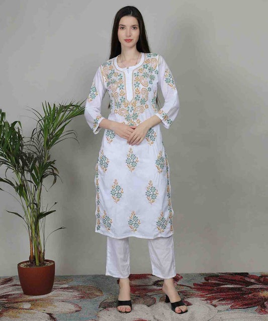 White Hand-Embroidered Chikankari Kurti Set | Noor Chikankari