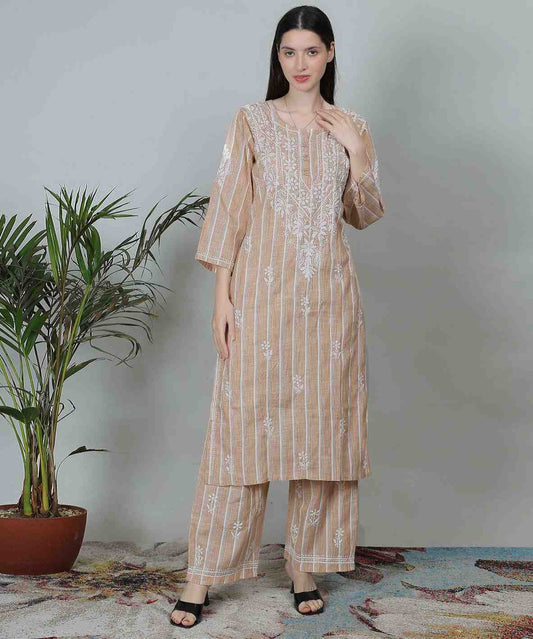 Noor Chikankari Beige Striped Co-Ord Set – Hand-Embroidered Pure Cotton Kurta & Pant Set
