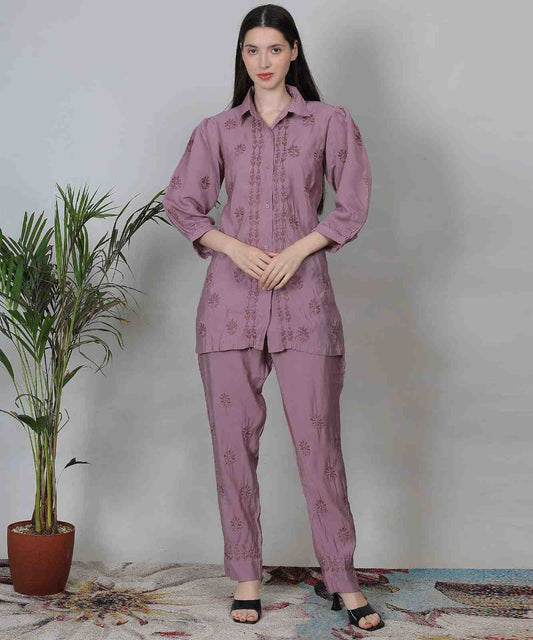 Noor Chikankari Mauve Cotton Co-Ord Set | Handcrafted Ethnic Fusion Wear