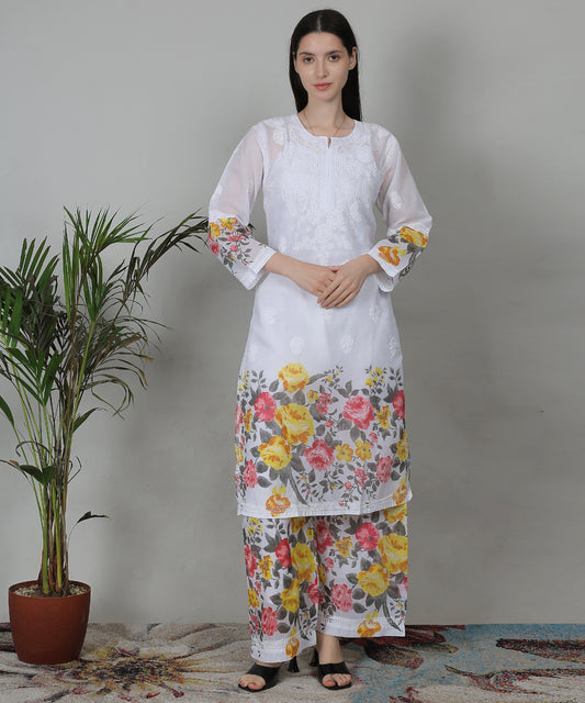 Noor Chikankari White Floral Co-Ord Set – Pure Cotton Hand-Embroidered Kurta with Printed Pants for Women