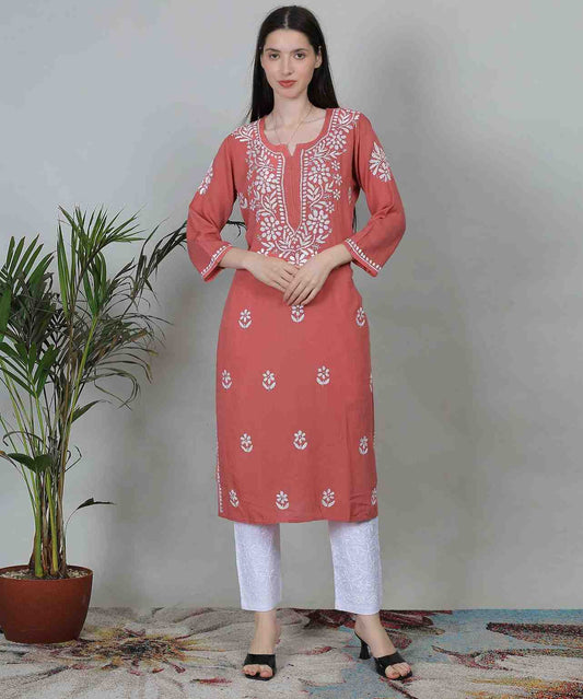 Noor Chikankari Hand Embroidered Cotton Kurti Set - Rust Red Ethnic Wear with White Threadwork & Pants