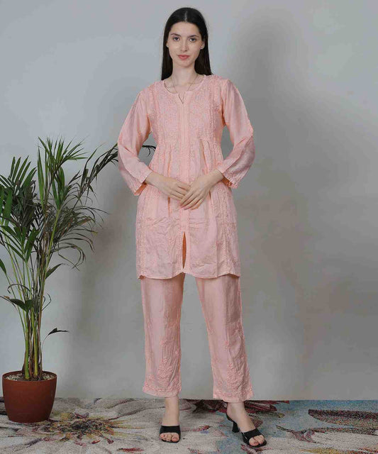 Peach Chikankari Kurti Set for Women | Lightweight Cotton Co-ord Set for Daily Wear & Summer Comfort
