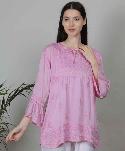 Pink Chikankari DYE Short Kurti for Women | Lightweight Cotton Tunic Top for Daily Wear & Office Look