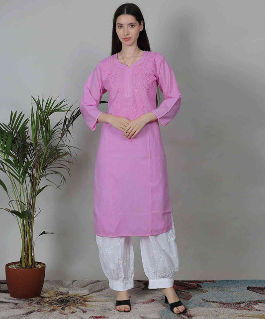 Pink Cotton Kurti Set for Women Hand Embroidered Daily Wear with White Palazzo | Affordable Ethnic Wear by Noor Chikankari