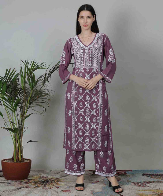 Purple Cotton Kurti Set for Women with White Embroidery Chikankari Style Palazzo Set | Daily Wear Ethnic Outfit