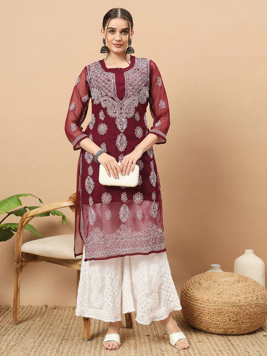 Hand Embroidered Chikankari Georgette Kurta with Slip