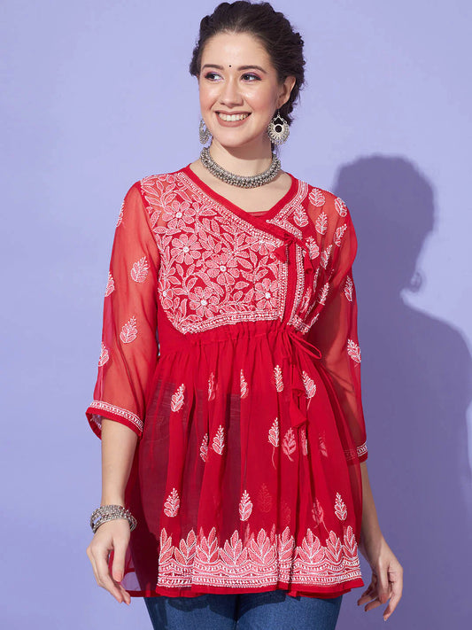 Chikankari Hand Embroidered Georgette Short Kurti With Specty-2542