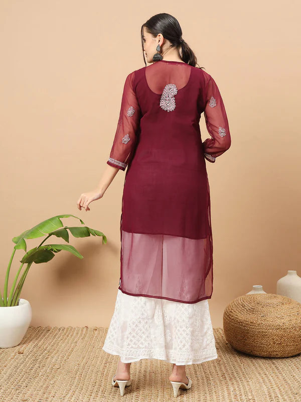 Hand Embroidered Chikankari Georgette Kurta with Slip