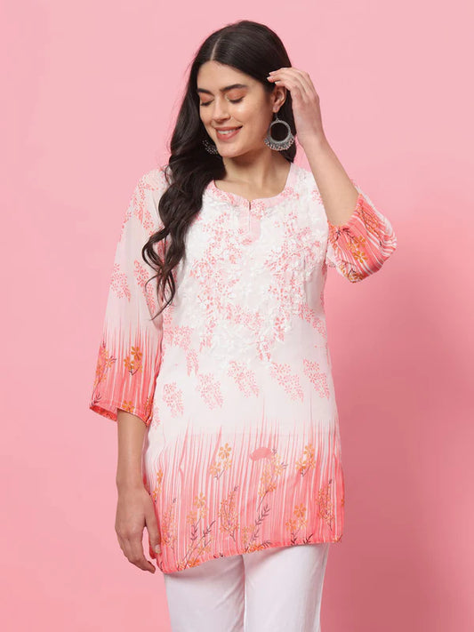 Hand Embroidered Chikankari Georgette Short Kurti with Specty-2593