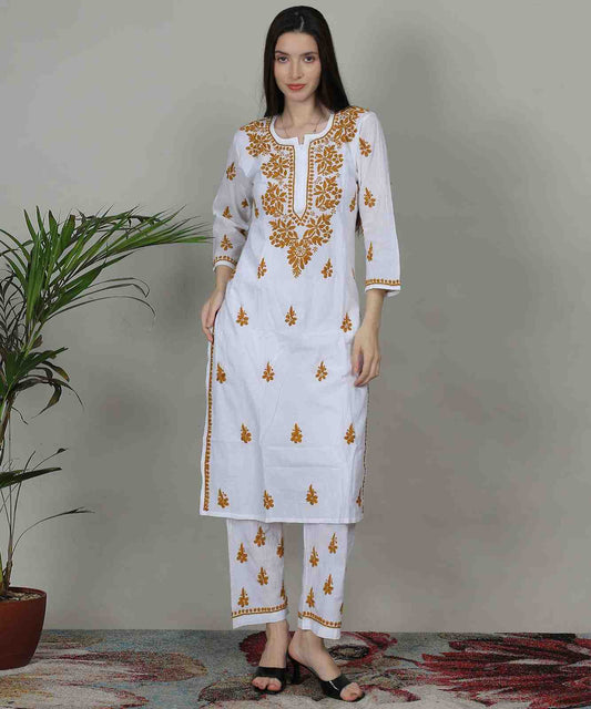 Pure Cotton Kurta & Pant for Women Co-Ord Set - White & Mustard Chikankari