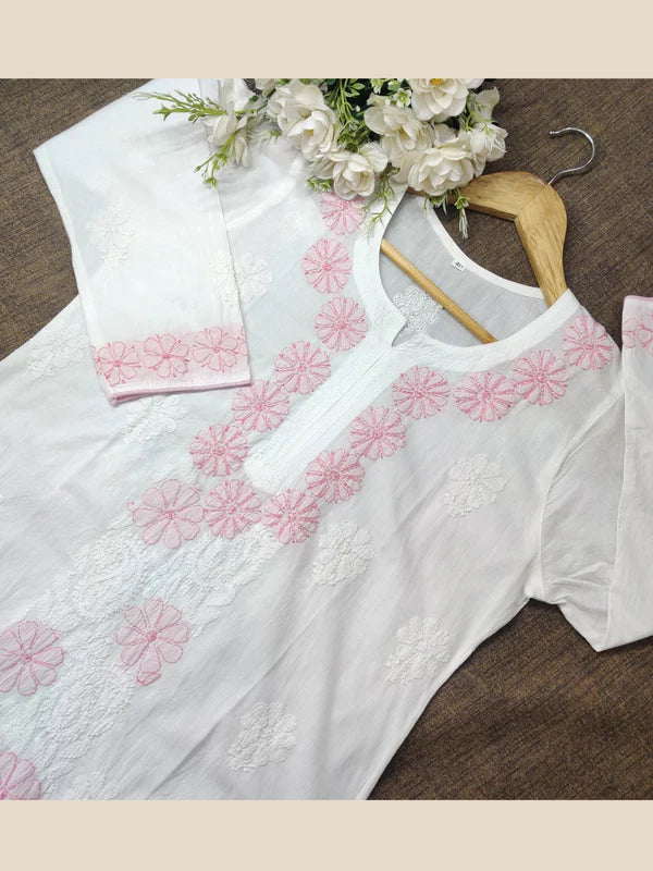 Womens Hand-Embroidered Chikankari Mulmul Cotton Kurta