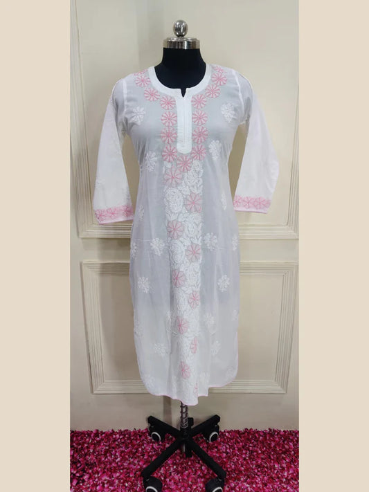 Womens Hand-Embroidered Chikankari Mulmul Cotton Kurta