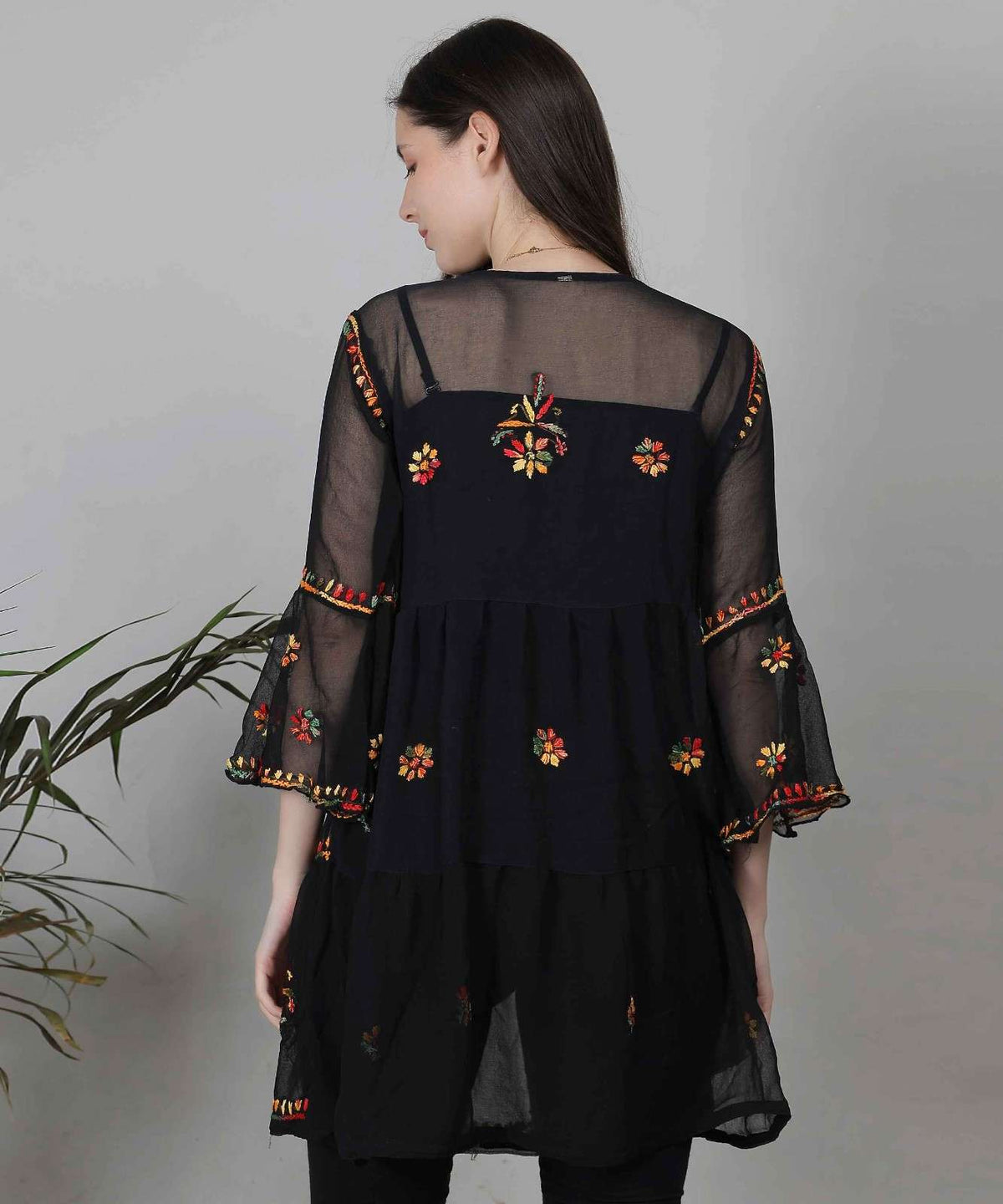 Black Georgette Short Kurti – Multicolor Hand-Embroidered Boho Style Tunic for Women