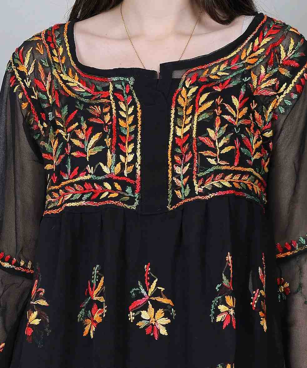 Black Georgette Short Kurti – Multicolor Hand-Embroidered Boho Style Tunic for Women