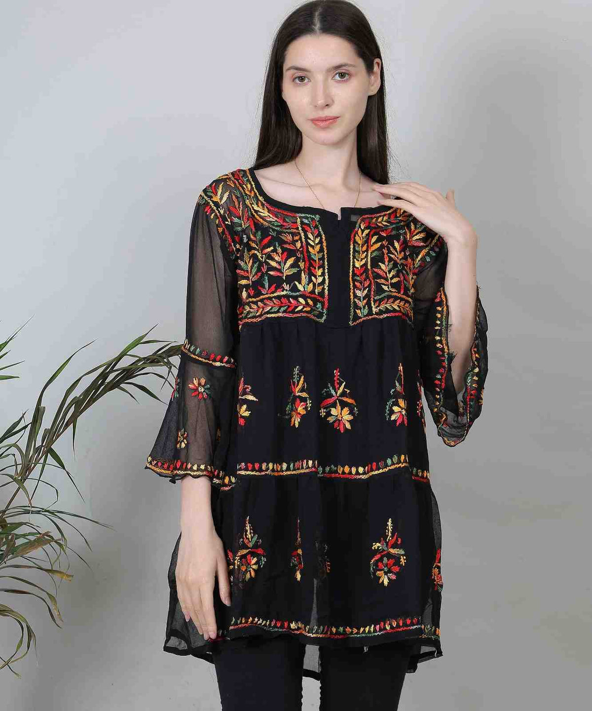 Black Georgette Short Kurti – Multicolor Hand-Embroidered Boho Style Tunic for Women