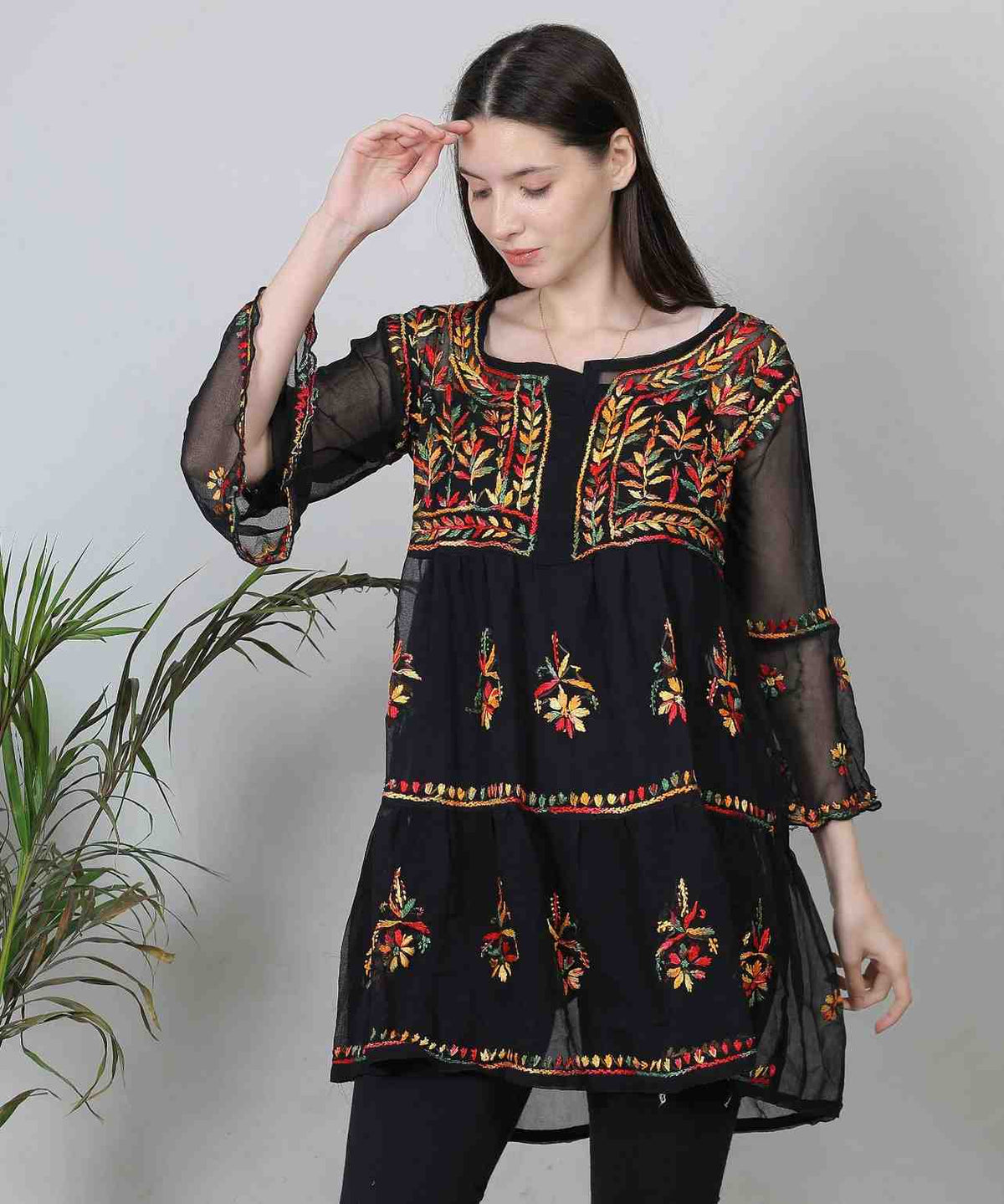 Black Georgette Short Kurti – Multicolor Hand-Embroidered Boho Style Tunic for Women