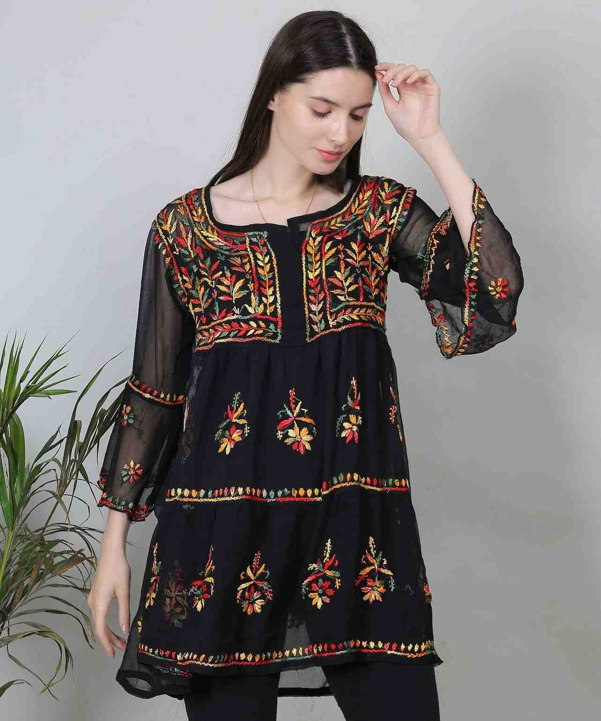 Black Georgette Short Kurti – Multicolor Hand-Embroidered Boho Style Tunic for Women