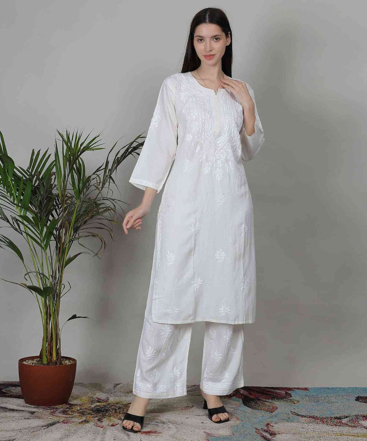 White Chikankari Kurti Set for Women – Pure Cotton Embroidered Suit with Dupatta
