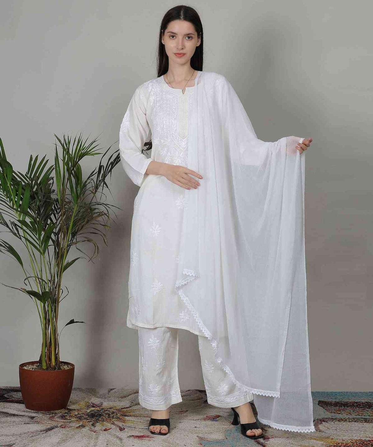 White Chikankari Kurti Set for Women – Pure Cotton Embroidered Suit with Dupatta