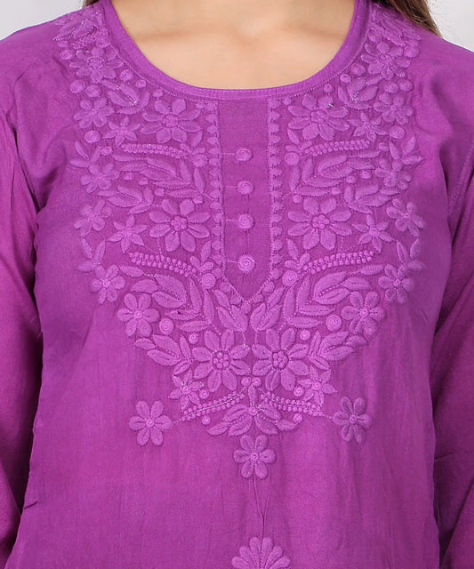 Purple Cotton Kurti for Women – Elegant Floral Embroidered Casual Wear Top